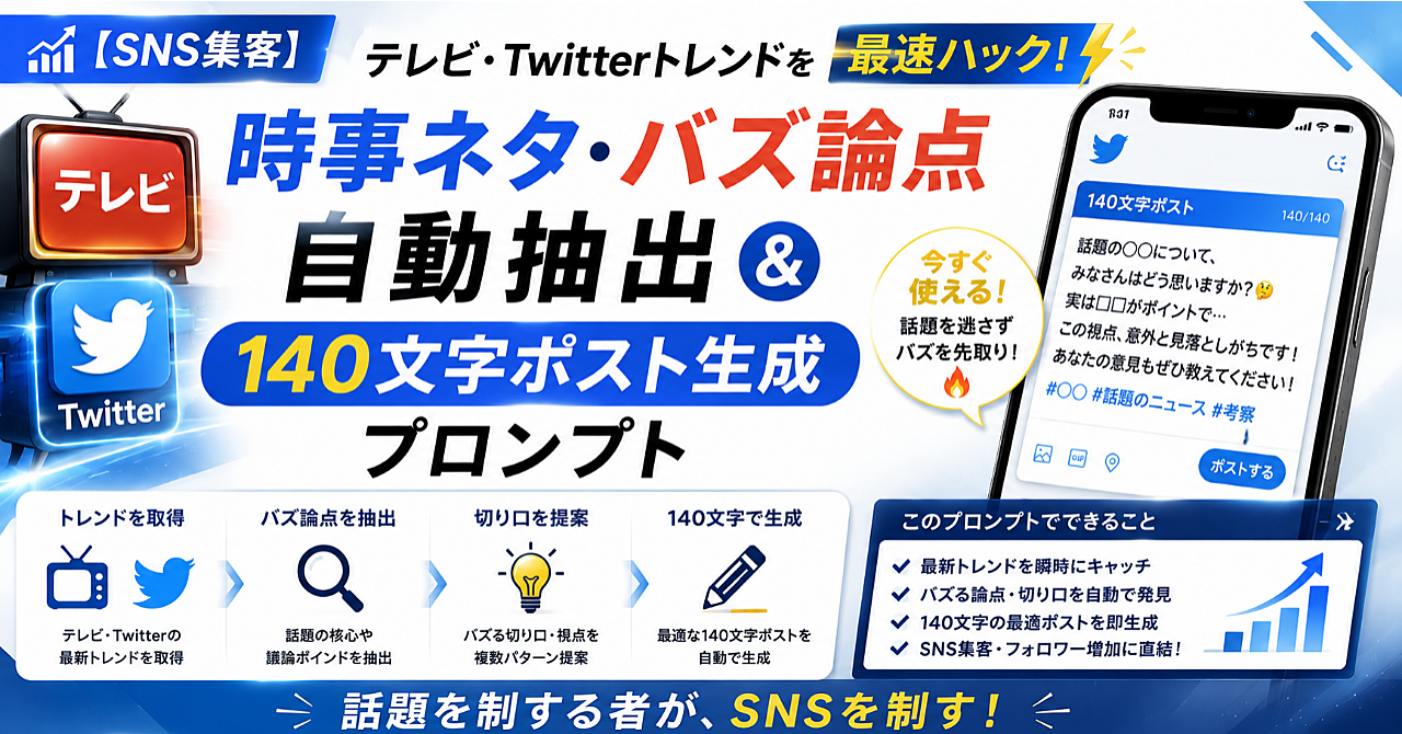 【SNS集客プロンプト】テレビ・Twitterトレンドを最速ハック！「時事ネタ・バズ論点」自動抽出＆140文字ポスト生成
